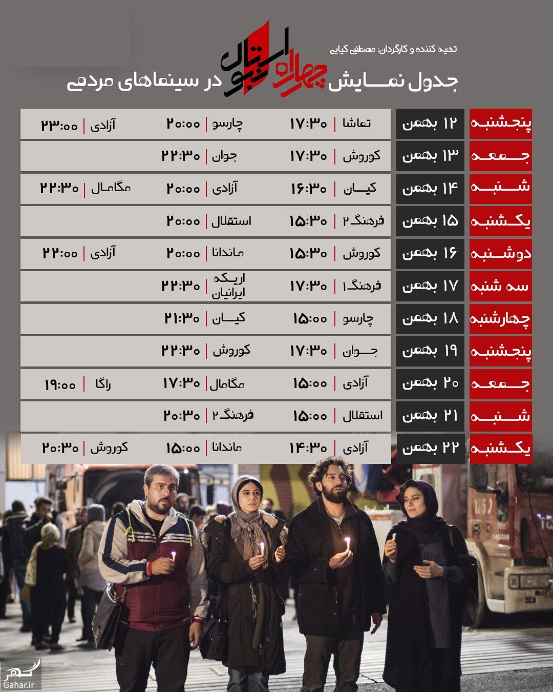 برنامه نمایش فیلم چهار راه استانبول در سینماهای مردمی