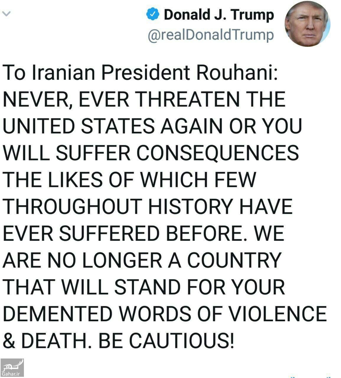 پاسخ ترامپ به سخنان روحانی ، هرگز تهدید نکن